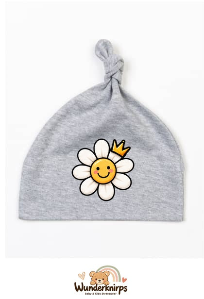 Knotenmütze Babybugz BZ15 in Grau meliert mit Motiv Blume mit Krone