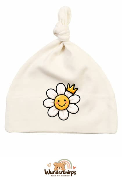 Knotenmütze Babybugz BZ15 in Natur mit Motiv Blume mit Krone