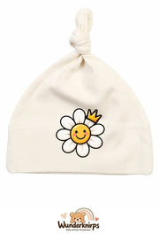 Knotenmütze Babybugz BZ15 in Natur mit Motiv Blume mit Krone
