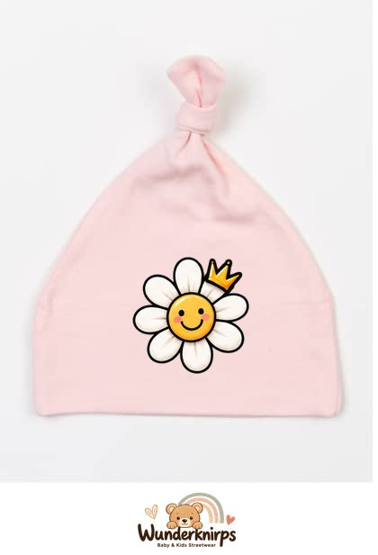 Knotenmütze Babybugz BZ15 in Pastellrosa mit Motiv Blume mit Krone