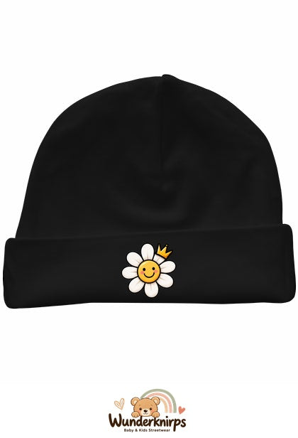 Umschlagmütze Rox-01 in Schwarz mit Motiv Blume mit Krone