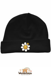 Umschlagmütze Rox-01 in Schwarz mit Motiv Blume mit Krone