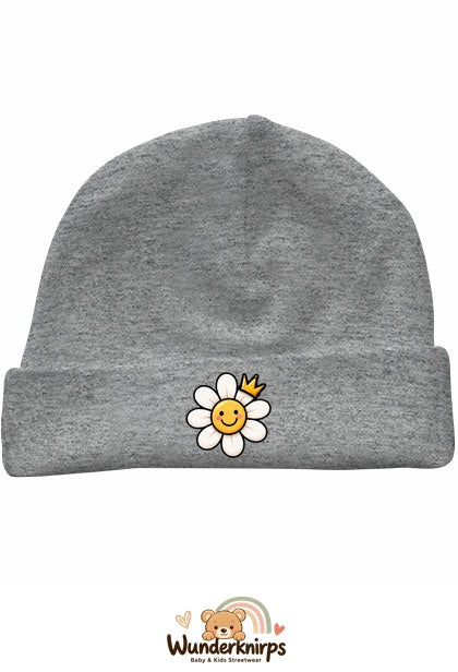 Umschlagmütze Rox-01 in Grau meliert mit Motiv Blume mit Krone