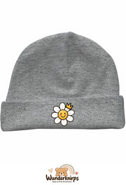 Umschlagmütze Rox-01 in Grau meliert mit Motiv Blume mit Krone