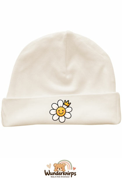 Umschlagmütze Rox-01 in Natur mit Motiv Blume mit Krone