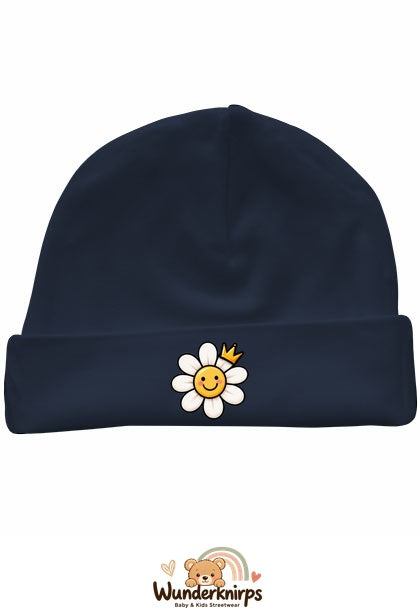 Umschlagmütze Rox-01 in Marineblau mit Motiv Blume mit Krone