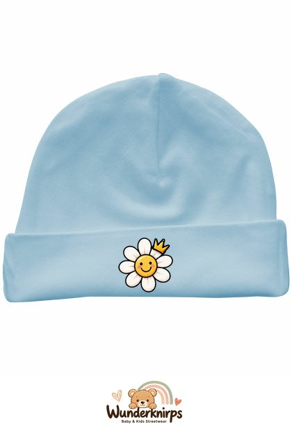 Umschlagmütze Rox-01 in Pastellblau mit Motiv Blume mit Krone