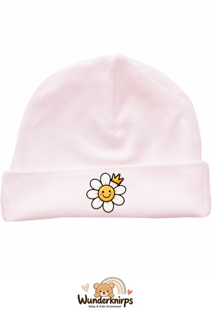 Umschlagmütze Rox-01 in Pastellrosa mit Motiv Blume mit Krone