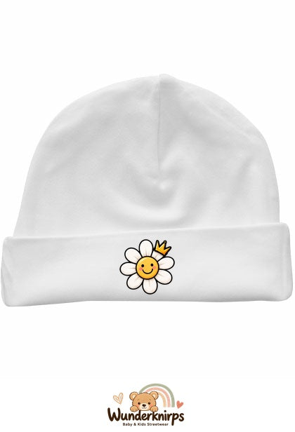 Umschlagmütze Rox-01 in Weiß mit Motiv Blume mit Krone