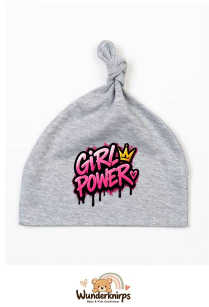 Knotenmütze Babybugz BZ15 in Grau meliert mit Motiv Girl Power