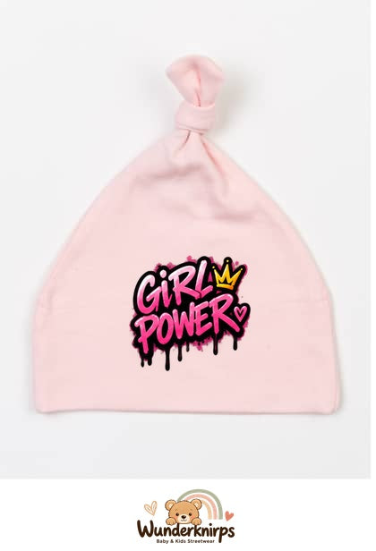 Knotenmütze Babybugz BZ15 in Pastellrosa mit Motiv Girl Power