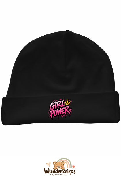 Umschlagmütze Rox-01 in Schwarz mit Motiv Girl Power