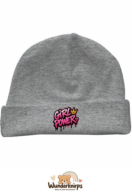 Umschlagmütze Rox-01 in Grau meliert mit Motiv Girl Power