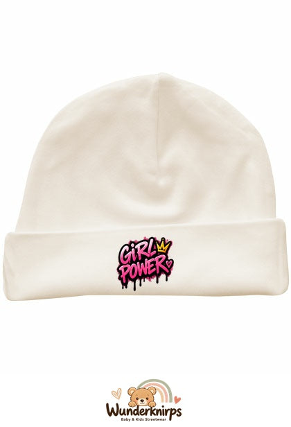 Umschlagmütze Rox-01 in Natur mit Motiv Girl Power