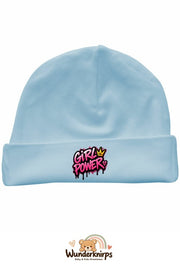 Umschlagmütze Rox-01 in Pastellblau mit Motiv Girl Power