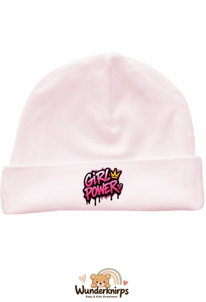Umschlagmütze Rox-01 in Pastellrosa mit Motiv Girl Power