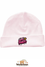 Umschlagmütze Rox-01 in Pastellrosa mit Motiv Girl Power