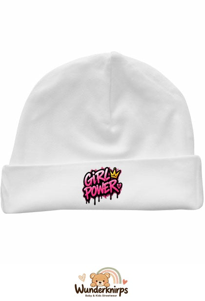 Umschlagmütze Rox-01 in Weiß mit Motiv Girl Power