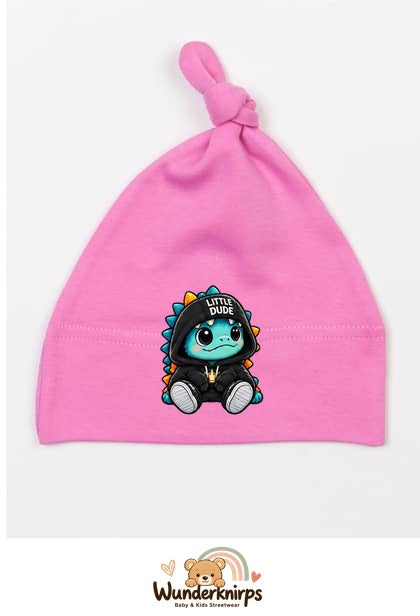 Knotenmütze Babybugz BZ15 in Bubblegum-Pink mit Motiv Dino Little Dude