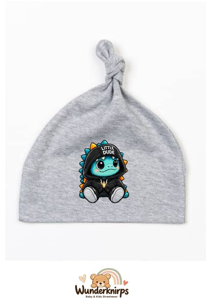 Knotenmütze Babybugz BZ15 in Grau meliert mit Motiv Dino Little Dude