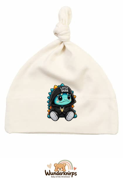 Knotenmütze Babybugz BZ15 in Natur mit Motiv Dino Little Dude