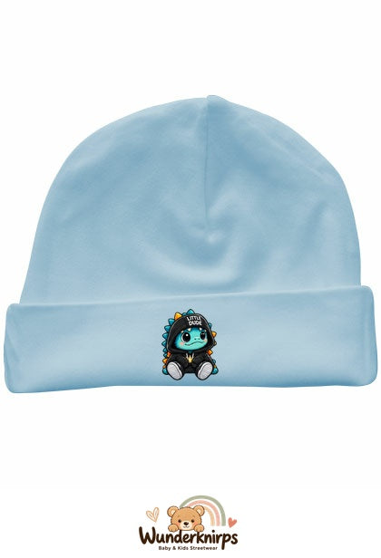 Umschlagmütze Rox-01 in Pastellblau mit Motiv Dino Little Dude