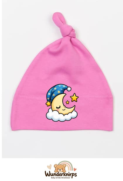 Knotenmütze Babybugz BZ15 in Bubblegum-Pink mit Motiv Mond mit Schlafmütze