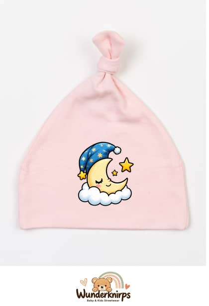 Knotenmütze Babybugz BZ15 in Pastellrosa mit Motiv Mond mit Schlafmütze