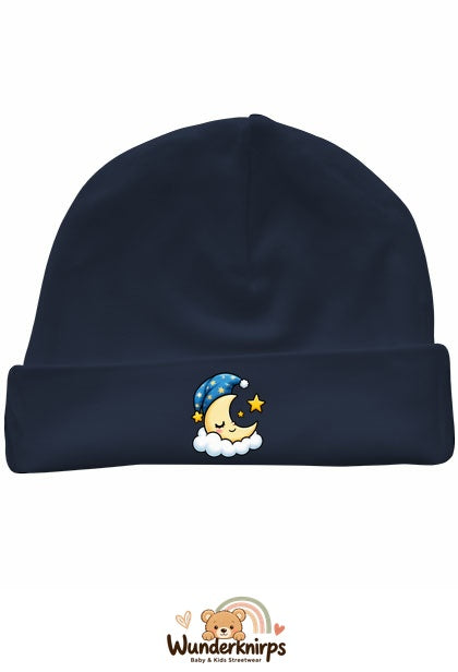 Umschlagmütze Rox-01 in Marineblau mit Motiv Mond mit Schlafmütze
