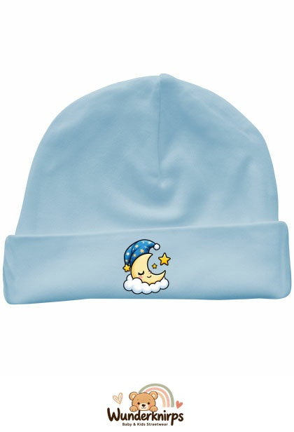 Umschlagmütze Rox-01 in Pastellblau mit Motiv Mond mit Schlafmütze