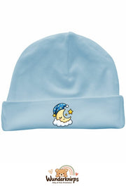 Umschlagmütze Rox-01 in Pastellblau mit Motiv Mond mit Schlafmütze