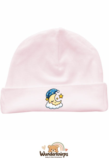 Umschlagmütze Rox-01 in Pastellrosa mit Motiv Mond mit Schlafmütze