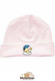 Umschlagmütze Rox-01 in Pastellrosa mit Motiv Mond mit Schlafmütze