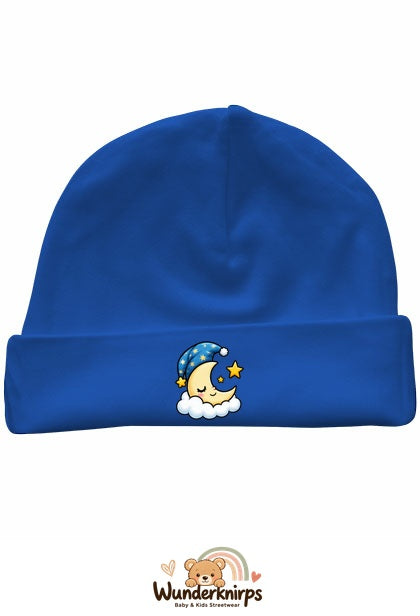 Umschlagmütze Rox-01 in Royalblau mit Motiv Mond mit Schlafmütze
