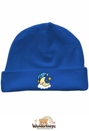 Umschlagmütze Rox-01 in Royalblau mit Motiv Mond mit Schlafmütze