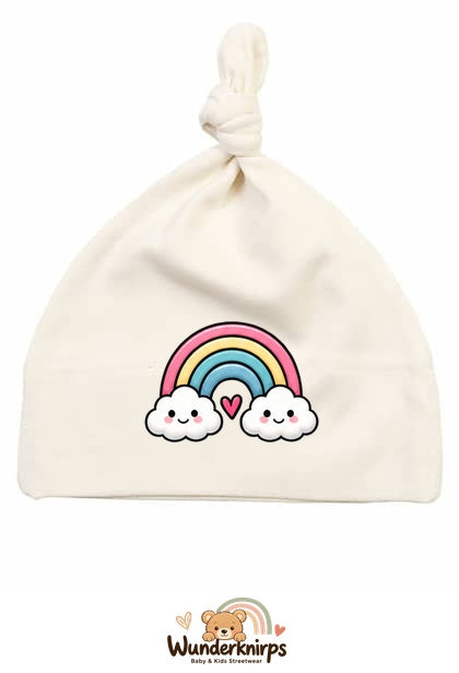 Knotenmütze Babybugz BZ15 in Natur mit Motiv Regenbogen mit Herz