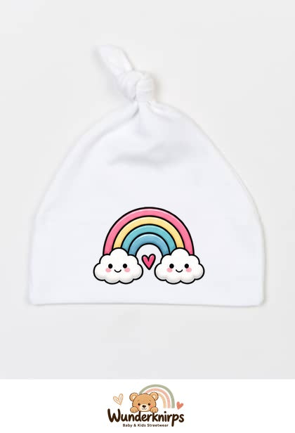 Knotenmütze Babybugz BZ15 in Weiß mit Motiv Regenbogen mit Herz