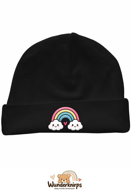 Umschlagmütze Rox-01 in Schwarz mit Motiv Regenbogen mit Herz