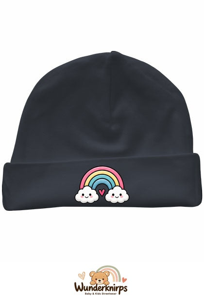 Umschlagmütze Rox-01 in Anthrazit mit Motiv Regenbogen mit Herz