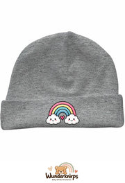 Umschlagmütze Rox-01 in Grau meliert mit Motiv Regenbogen mit Herz