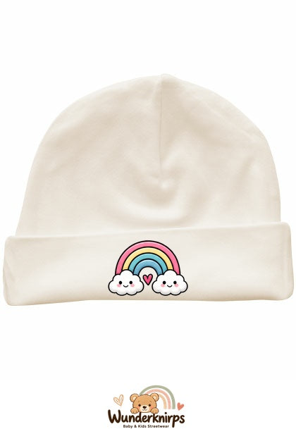 Umschlagmütze Rox-01 in Natur mit Motiv Regenbogen mit Herz