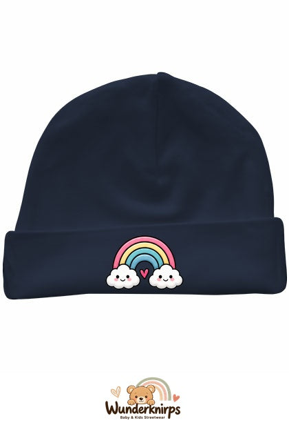 Umschlagmütze Rox-01 in Marineblau mit Motiv Regenbogen mit Herz