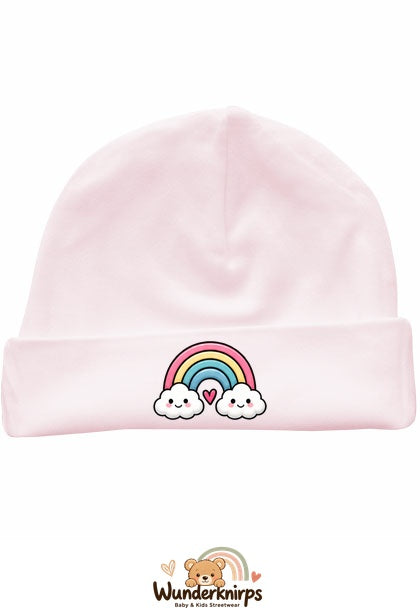 Umschlagmütze Rox-01 in Pastellrosa mit Motiv Regenbogen mit Herz
