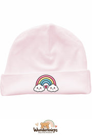 Umschlagmütze Rox-01 in Pastellrosa mit Motiv Regenbogen mit Herz