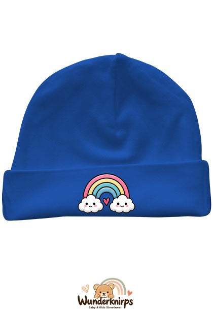Umschlagmütze Rox-01 in Royalblau mit Motiv Regenbogen mit Herz
