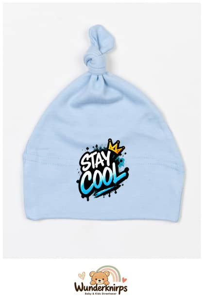 Knotenmütze Babybugz BZ15 in Staubblau mit Motiv Stay Cool