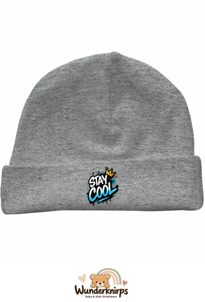 Umschlagmütze Rox-01 in Grau meliert mit Motiv Stay Cool