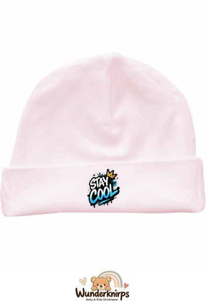 Umschlagmütze Rox-01 in Pastellrosa mit Motiv Stay Cool