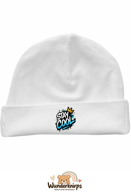 Umschlagmütze Rox-01 in Weiß mit Motiv Stay Cool