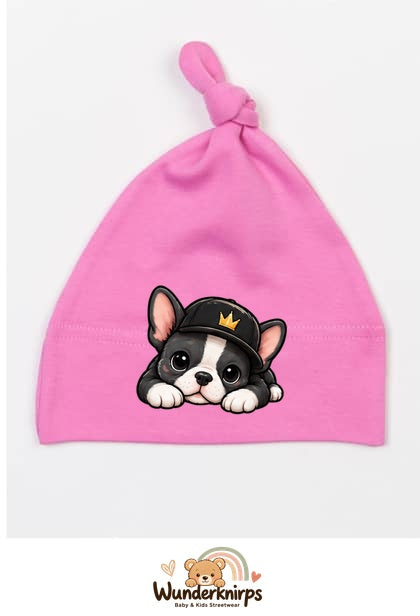 Knotenmütze Babybugz BZ15 in Bubblegum-Pink mit Motiv Bulldogge mit Cap